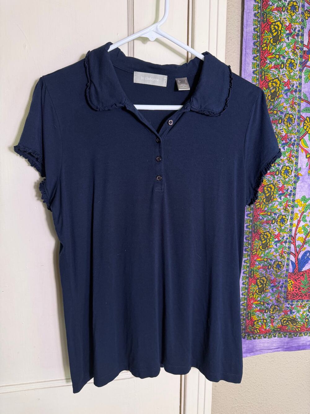 Liz Claiborne Womens Large Navy Blue Polo Shirt Ruffle Trim Short Sleeve